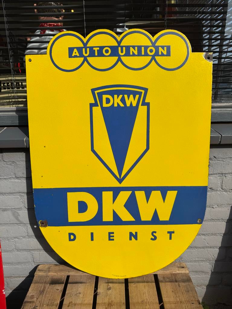 Vintage DKW Auto Union Emaille Reclamebord, Ophalen