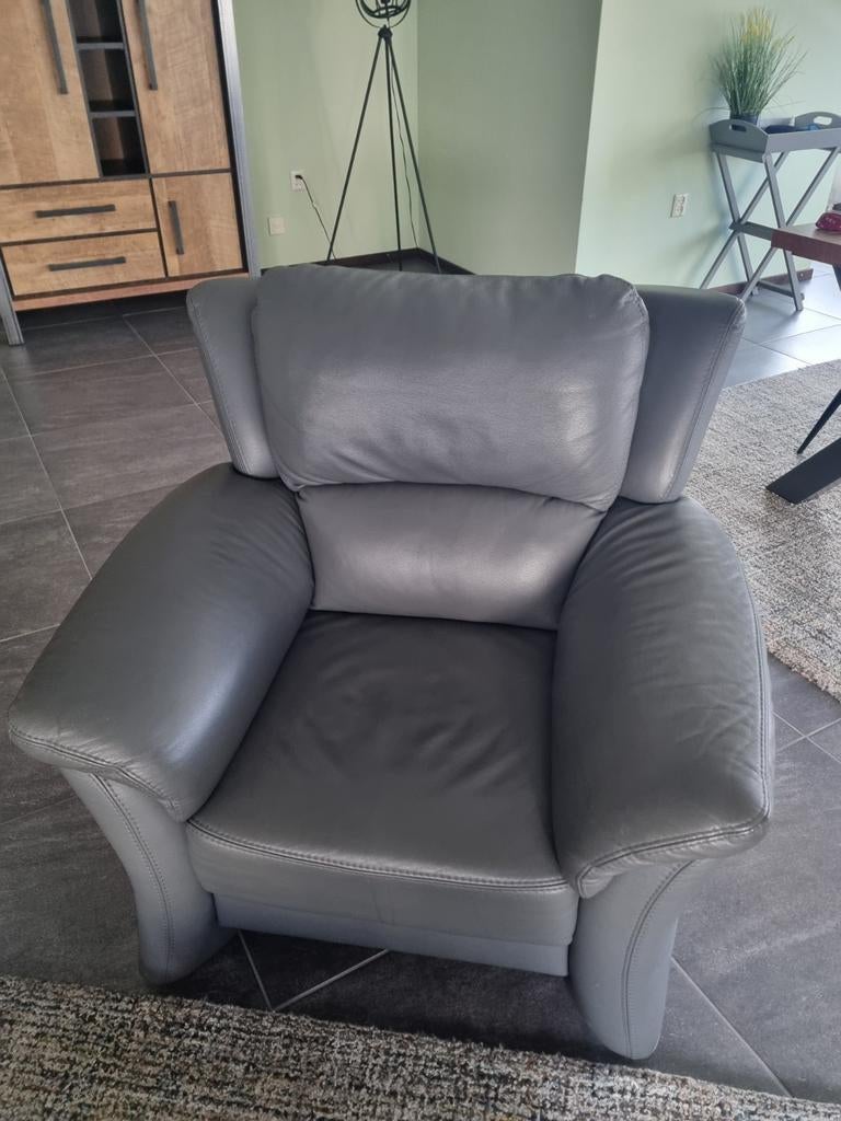 Grijze leren fauteuil, Ophalen, 75 tot 100 cm, Leer, 50 tot 75 cm