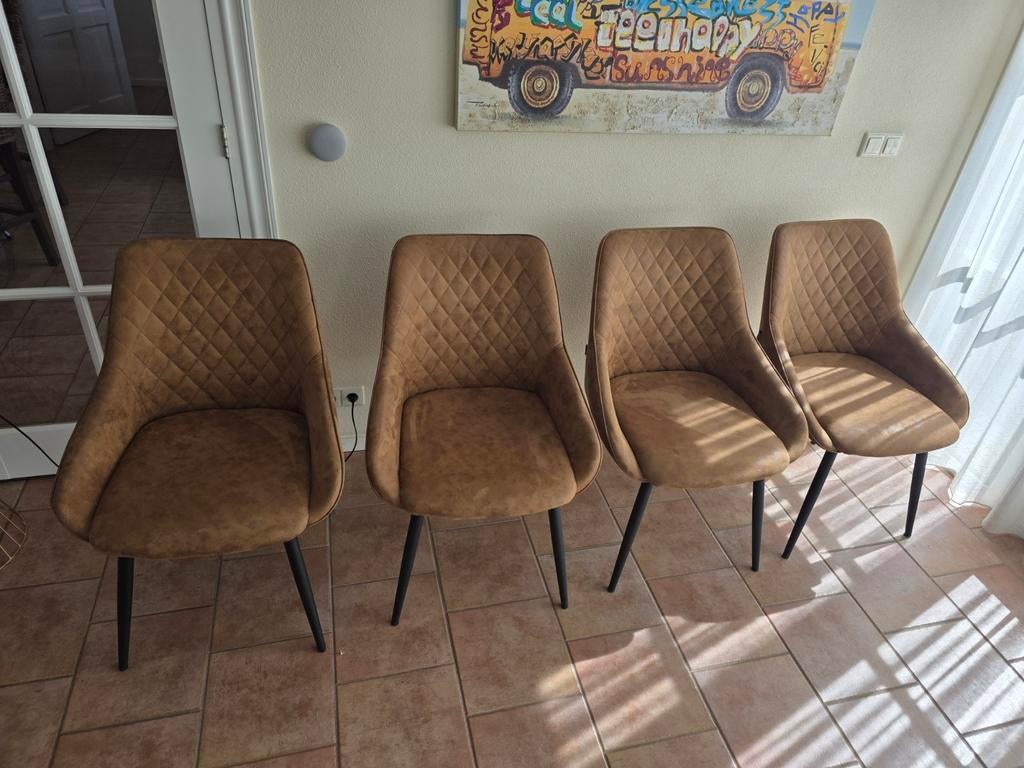 4 Cyrus Benson microleder eetkamerstoelen, Ophalen, Modern, industrieel, Bruin, Zo goed als nieuw