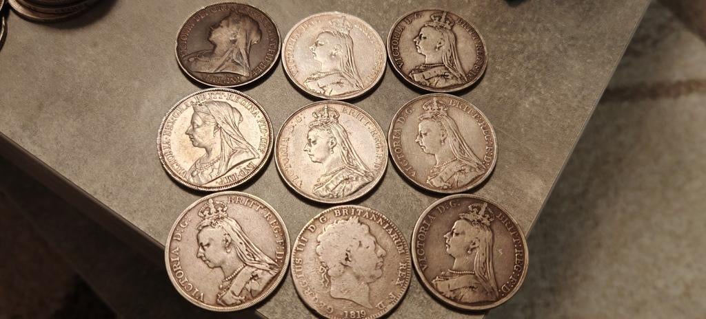 9 X 1 Crown Engelse munten 1819-1895 Victoria, Ophalen of Verzenden, Overige landen, Setje, Zilver