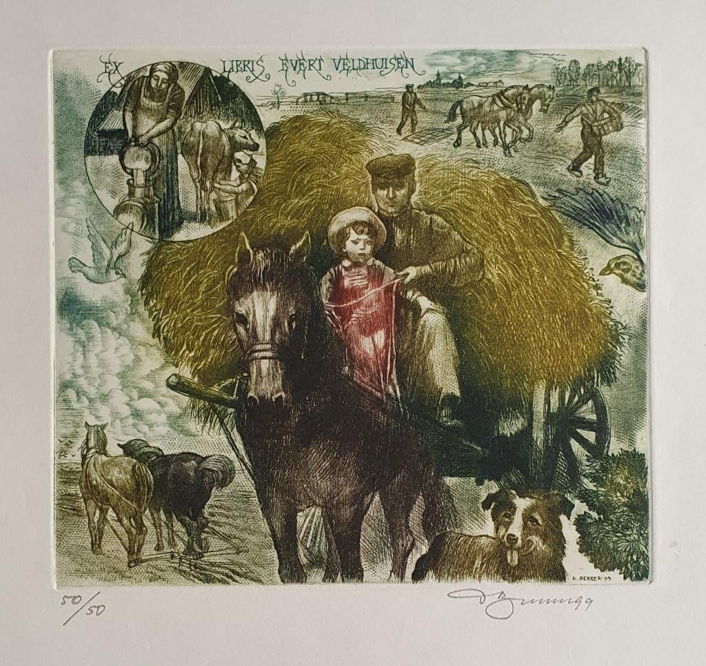 Exlibris / Ex libris D. Bekker, boeren landleven, hooiwagen, Antiek en Kunst, Verzenden