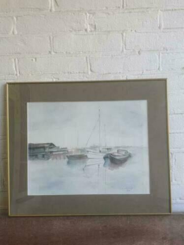Aquarel Ed van Rijswijk Haven met boten, Antiek en Kunst, Kunst | Schilderijen | Klassiek, Ophalen