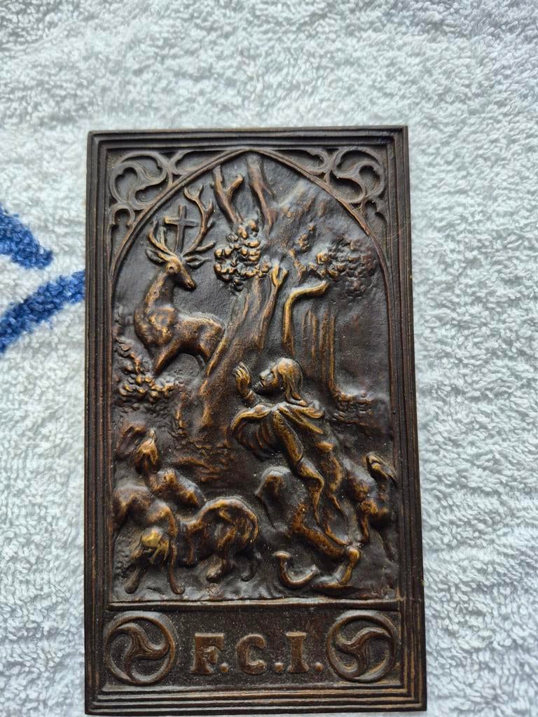 Zeldzame bronzen plaquette F.C.I. - Sint Hubertus, Ophalen of Verzenden