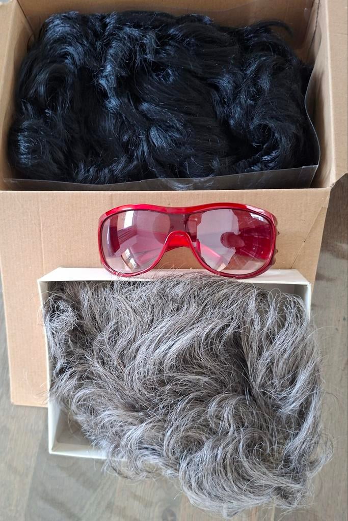 Twee heren pruiken en zonnebril., Ophalen of Verzenden, Zo goed als nieuw, Pruik of Haarverlenging