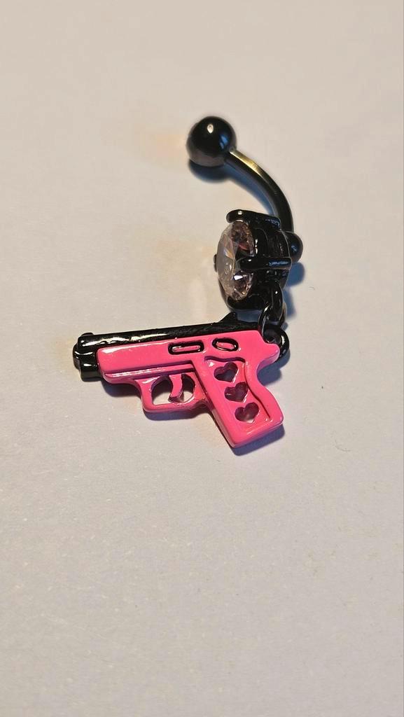 Roze pistool navelpiercing met strass, Sieraden, Tassen en Uiterlijk, Piercings, Nieuw, Navelpiercing, Staal, Met strass, Ophalen of Verzenden