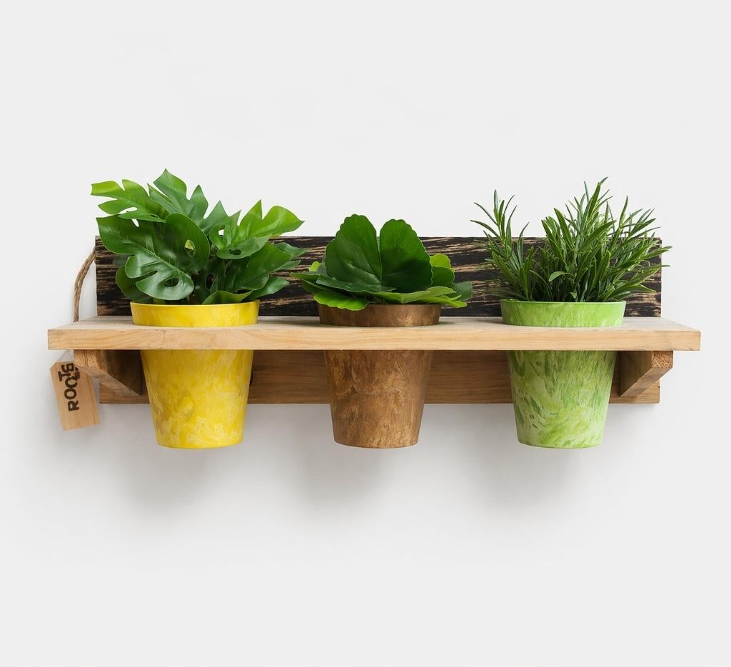 Partij houten wandrekken met drie potten 125553, Tuin en Terras, Bloembakken en Plantenbakken, Nieuw, Hout, Binnen, Balkon, Tuin