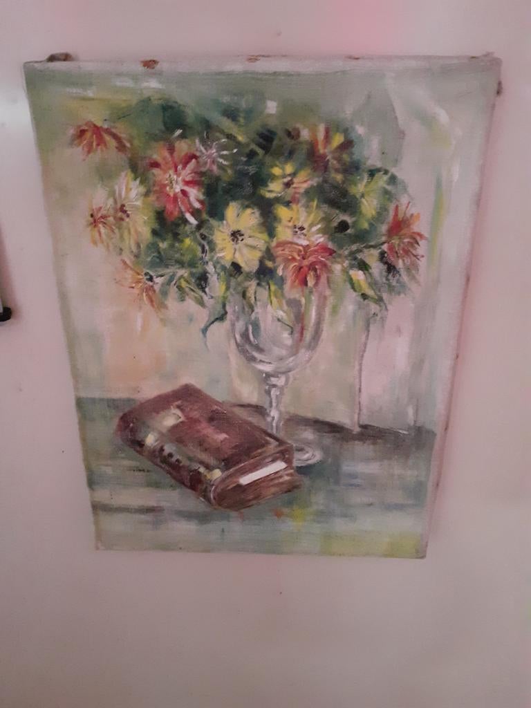 Olieverfschilderij Bijbel met Bloemen - 30x40 cm, Ophalen of Verzenden