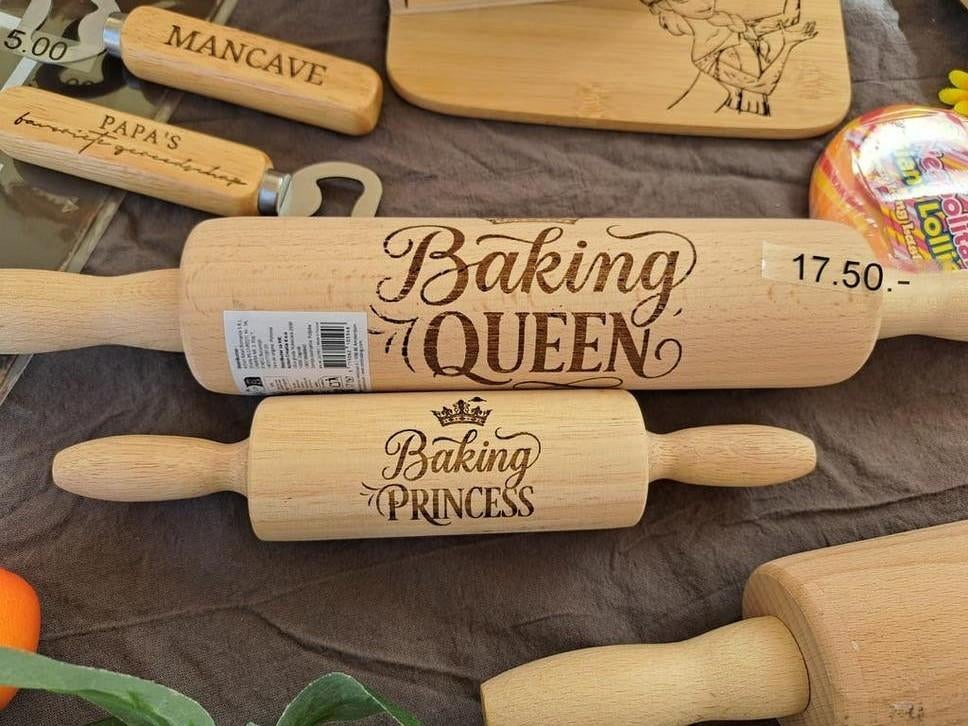 Houten deegroller met gravering - Baking Queen / Princess, Overige typen, Hout, Nieuw, Ophalen of Verzenden