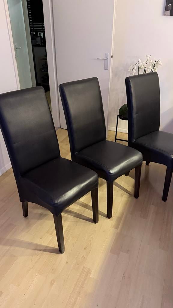 Set van 6 zwarte leren eetkamerstoelen, Huis en Inrichting, Ophalen, Gebruikt, Zwart, Leer