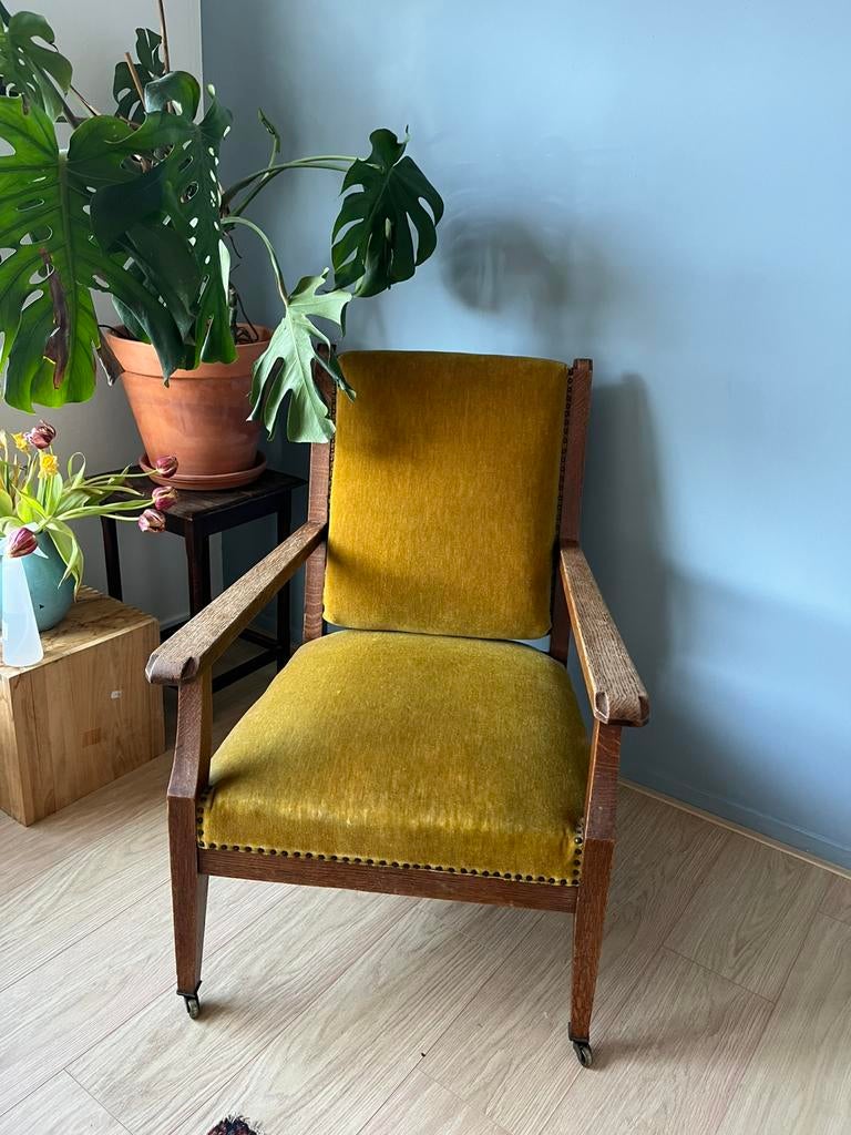 Antieke vintage Voltaire fauteuil okergeel, Ophalen, Gebruikt, Minder dan 75 cm, Voltaire, Berlage