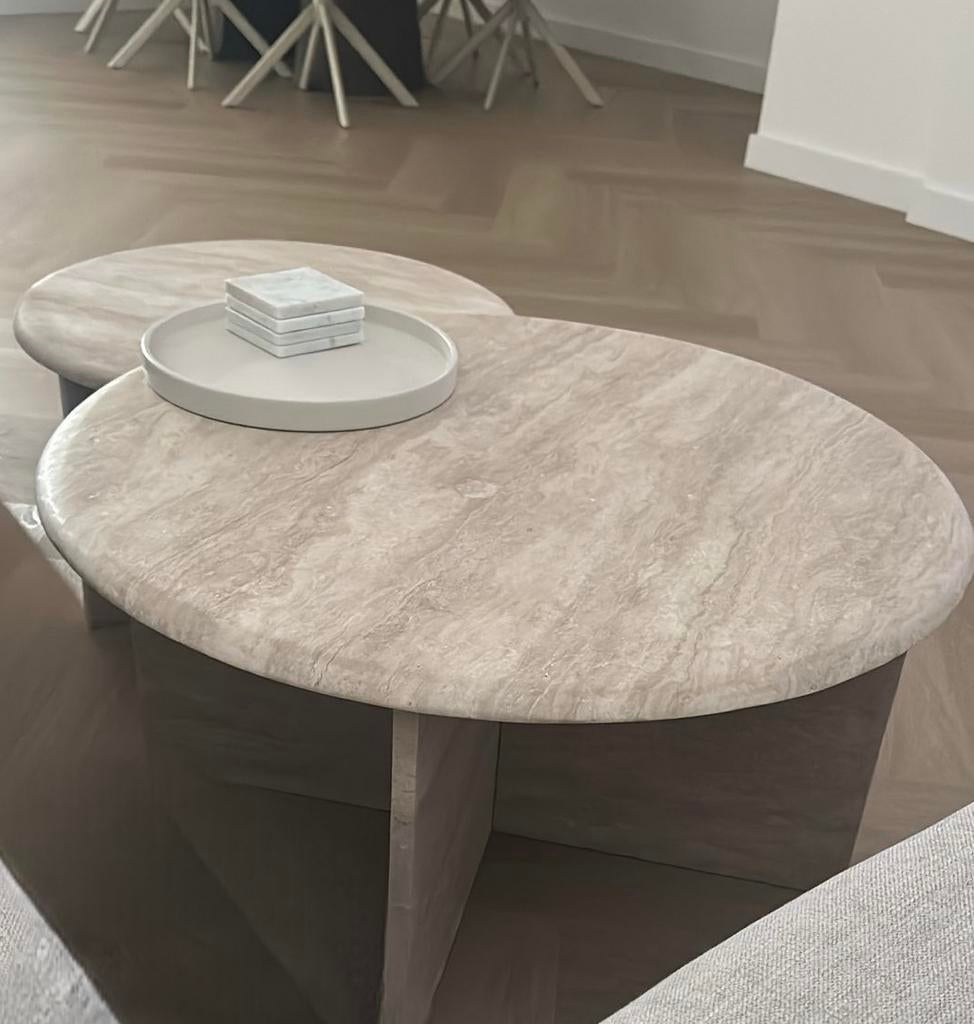 Salontafel van echt travertine steen, Huis en Inrichting, Ophalen, 50 tot 100 cm, Rond, Zo goed als nieuw