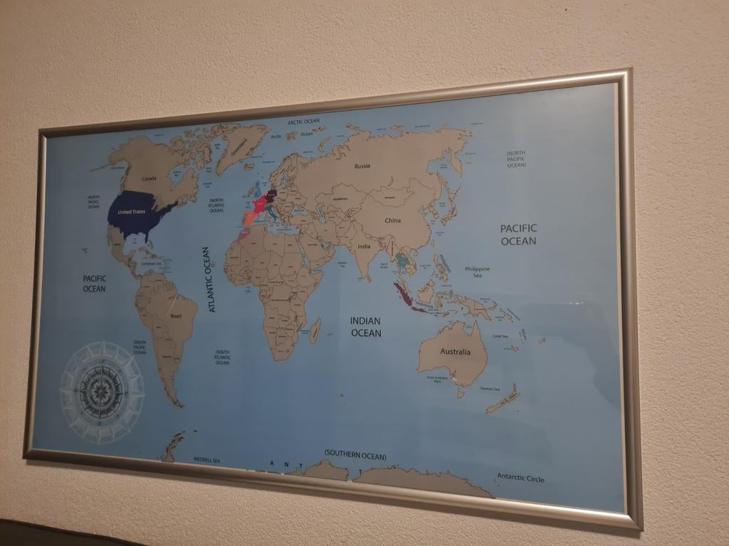 Grote kraskaart wereld 54x90cm met lijst, Ophalen, 75 tot 100 cm, 50 tot 75 cm