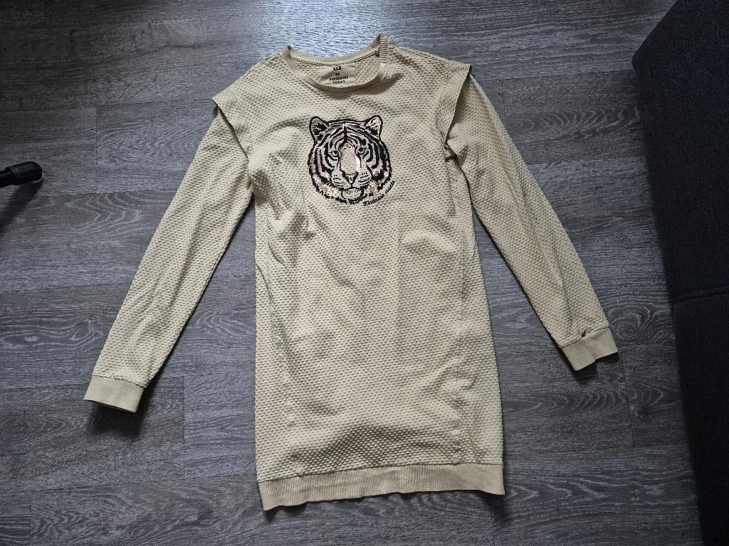 Beige Jurk met Lange mouw en Tijgerkop afbeelding erop, Kinderen en Baby's, Kinderkleding | Maat 170, Meisje, Ophalen of Verzenden