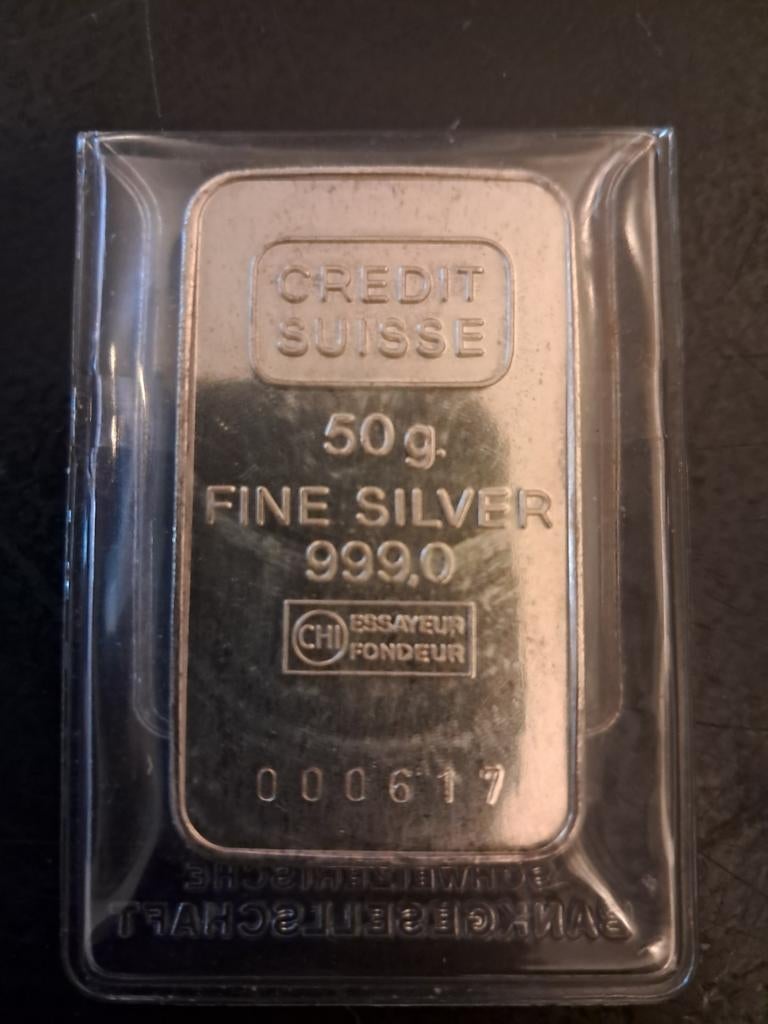 Credit Suisse zilver baar 50 gram, Postzegels en Munten, Edelmetalen en Baren, Verzenden, Zilver