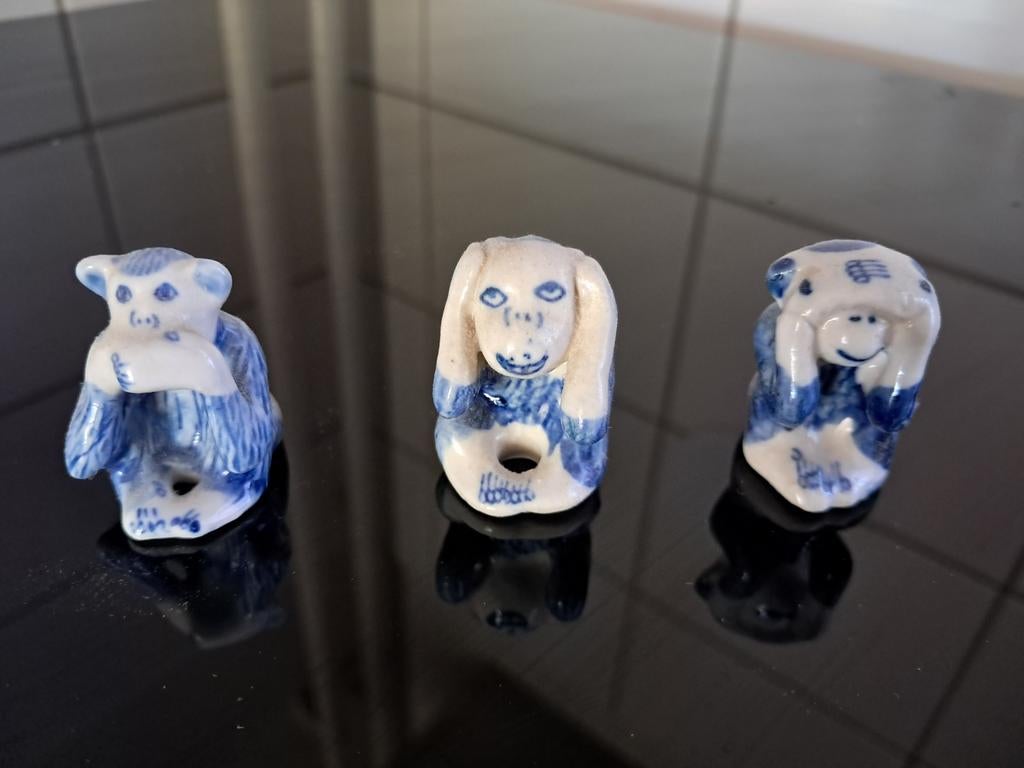 Horen, Zien, Zwijgen Apenbeeldjes - Delfts Blauw Stijl, Verzamelen, Ophalen of Verzenden, Gebruikt, Dier