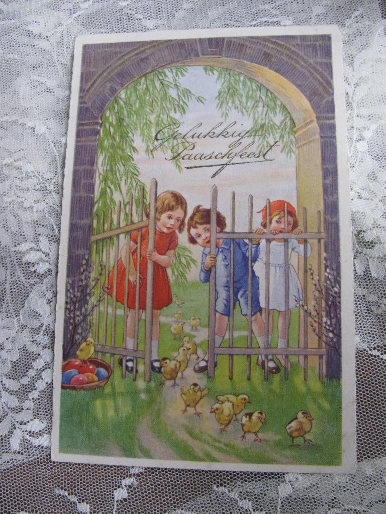 Oude Kaart - Kinderen Kuikens Paaseieren, Verzenden, 1920 tot 1940, Ongelopen, Feest(dag)