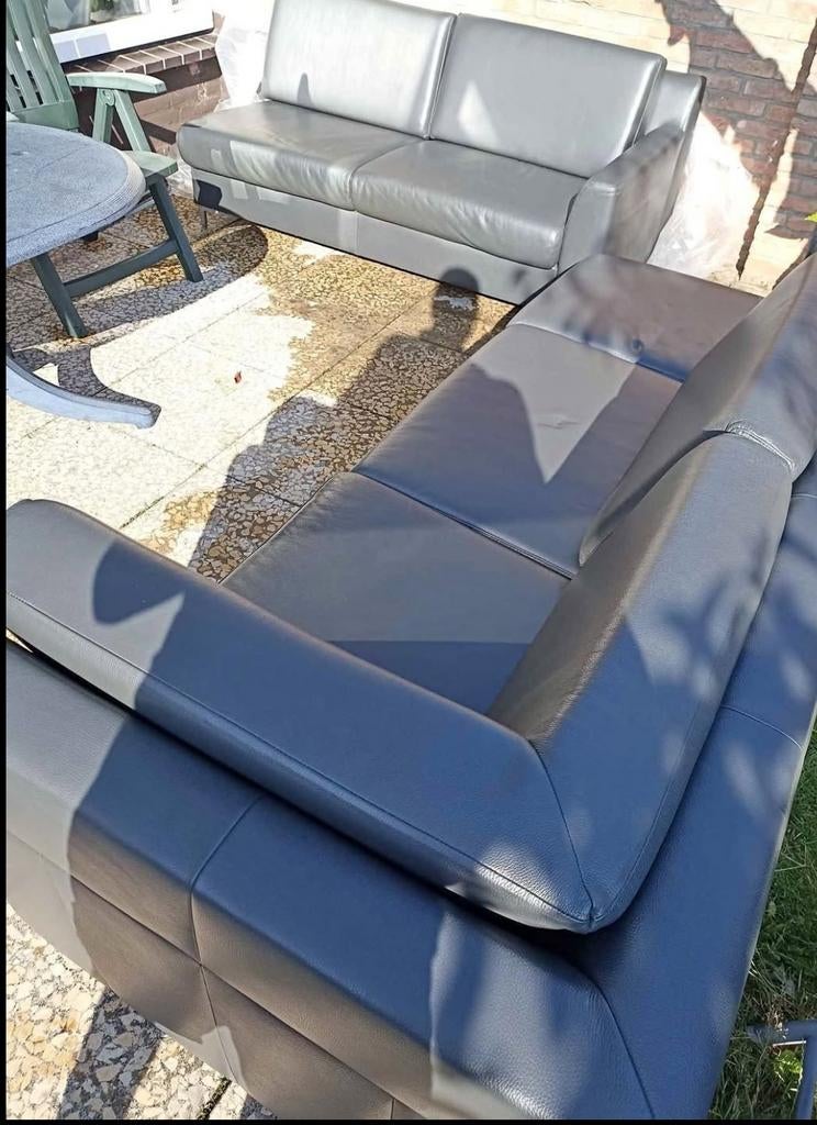 Donker grijs echte leren bank, L, 5 persoons, Huis en Inrichting, Banken | Bankstellen, Ophalen of Verzenden