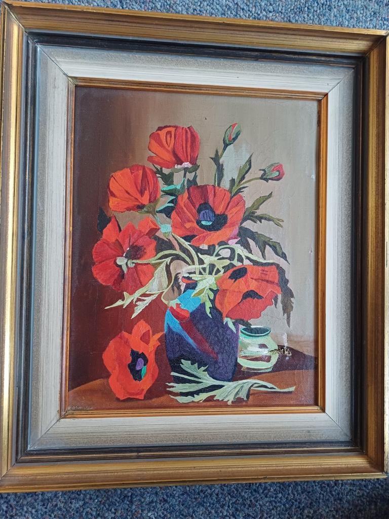 Schilderij met klaprozen in vaas, Antiek en Kunst, Ophalen of Verzenden