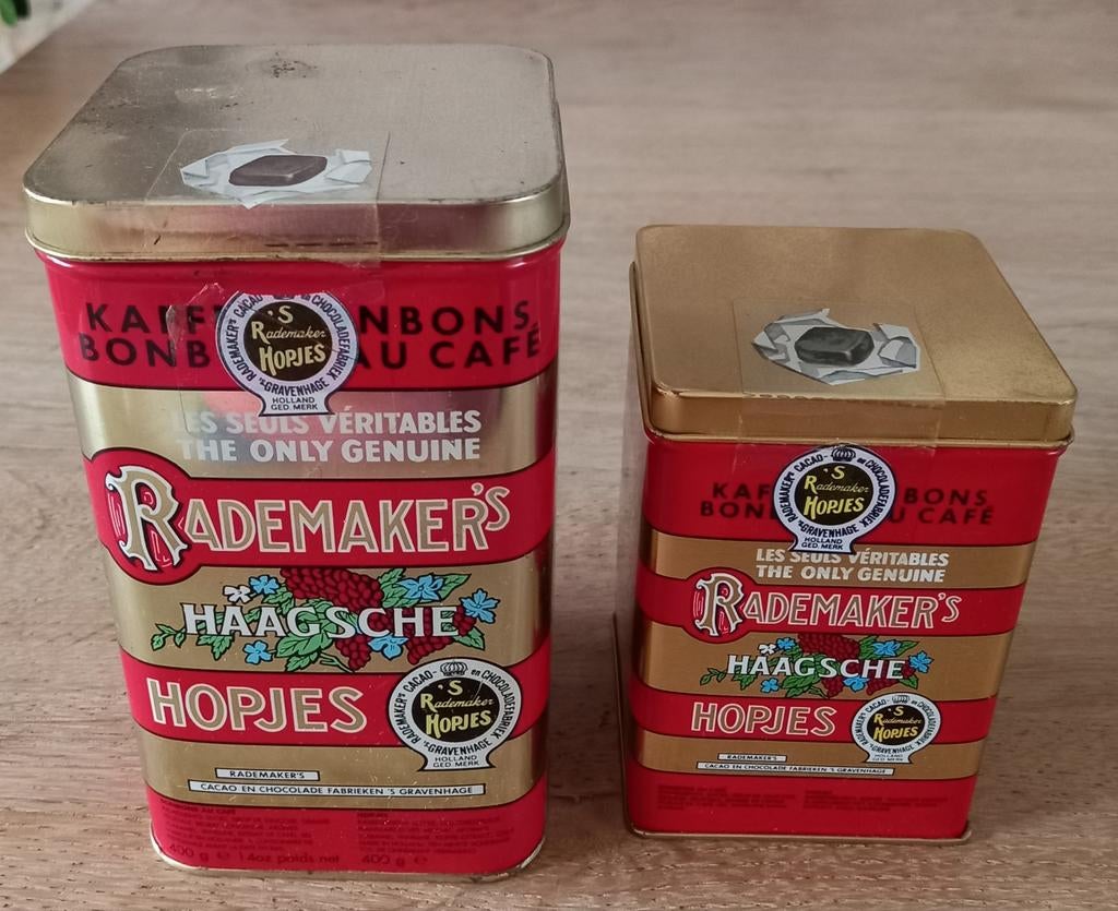 Set v 2 vintage brocante blikken Rademakers Haagsche hopjes, Verzamelen, Ophalen of Verzenden, Gebruikt, Overige