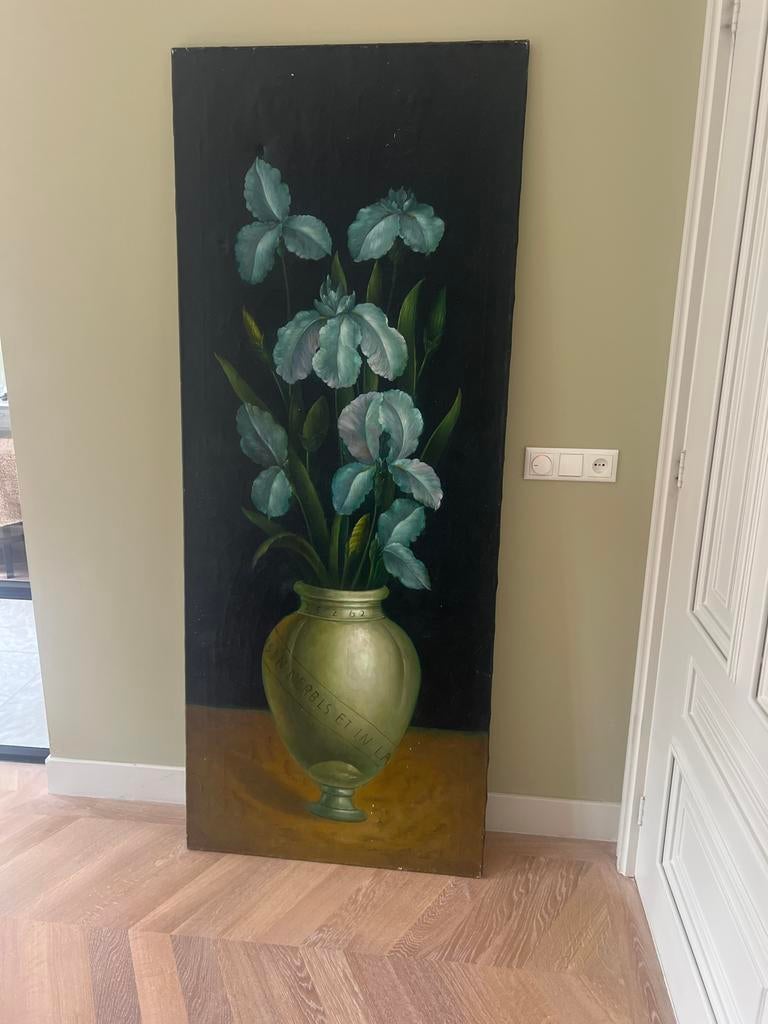 Groot olieverfschilderij met irissen in vaas, Antiek en Kunst, Kunst | Schilderijen | Klassiek, Ophalen