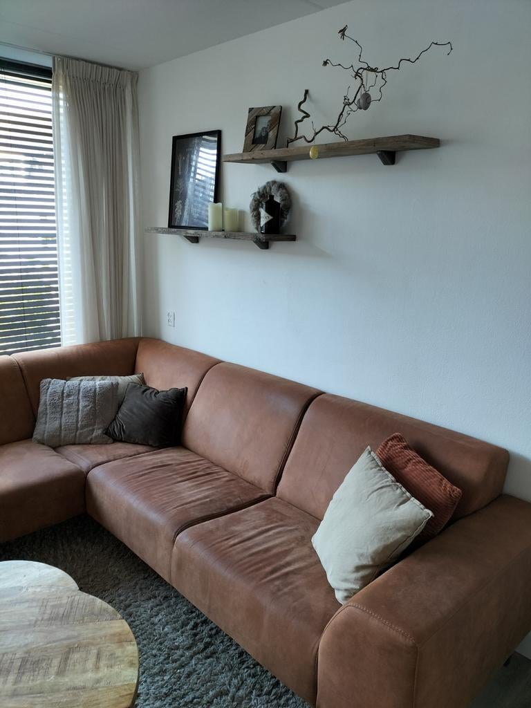 Hoekbank cognac kleur, Ophalen, Gebruikt, Stof, Cognac