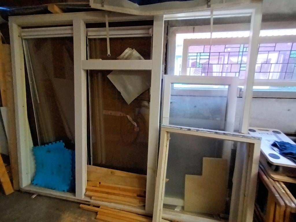 hardhouten kozijnen + thermopaneglas 5 stuks, Ophalen, Gebruikt, 150 tot 225 cm, Inclusief glas