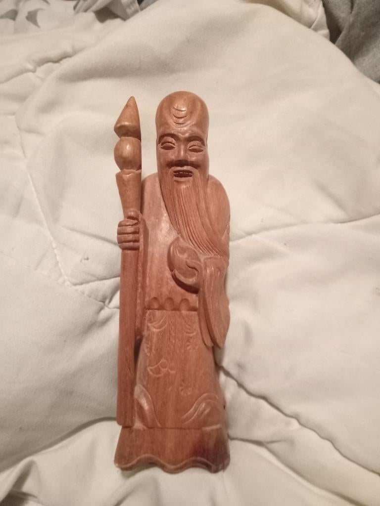 Houten beeldje van Shou Lao, Houtsnijwerk, Minder dan 20 cm, Ophalen of Verzenden, Handgemaakt