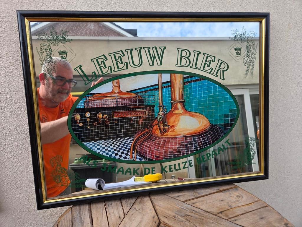 Vintage Leeuw Bier spiegel - 62x46 cm, Verzamelen, Ophalen, Gebruikt