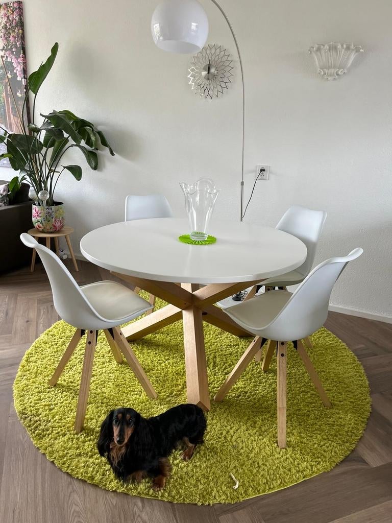 Eiken tafel met wit blad, 120cm diameter, Huis en Inrichting, Tafels | Eettafels, Ophalen of Verzenden