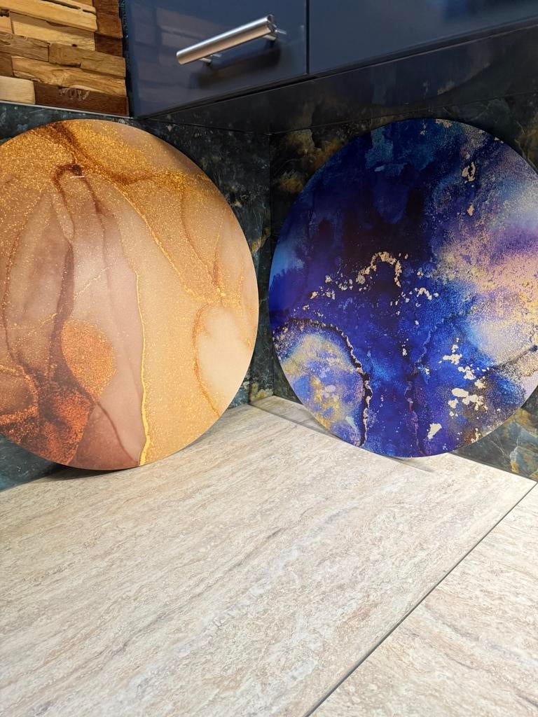 Twee ronde schilderijen: Blauw/Goud en Lichtbruin/Paars, Ophalen of Verzenden