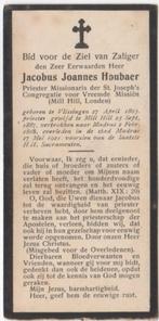Pater Jacobus Houbaer 1863 Vlissingen + 1921 Madras India, Verzamelen, Verzenden, Bidprentje