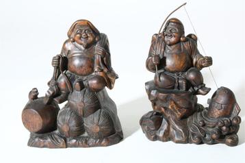 2 Hout gesneden sculpturen van Ebisu & Daikokuten,Japan 1900 beschikbaar voor biedingen