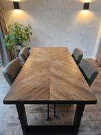 Eettafel visgraat 180 x 90 met 4 eetkamerstoelen (groen), Ophalen, Gebruikt, 50 tot 100 cm, Metaal