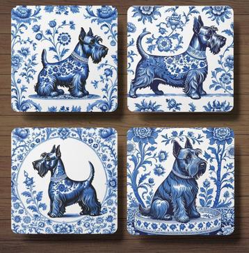 Schotse Terriër Delfts Blauw onderzetters met houder beschikbaar voor biedingen