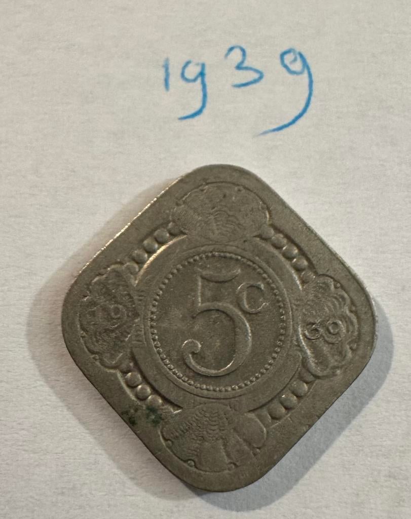 Nikkel stuiver Nederland 1939 5 cent Wilhelmina, Ophalen of Verzenden, Koningin Wilhelmina, 5 cent, Losse munt