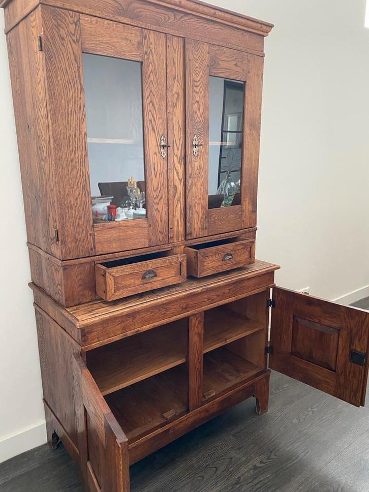 Buffetkast hout met laatjes en deuren (hout en glas), Huis en Inrichting, Kasten | Buffetkasten, Gebruikt, 200 cm of meer, 100 tot 150 cm