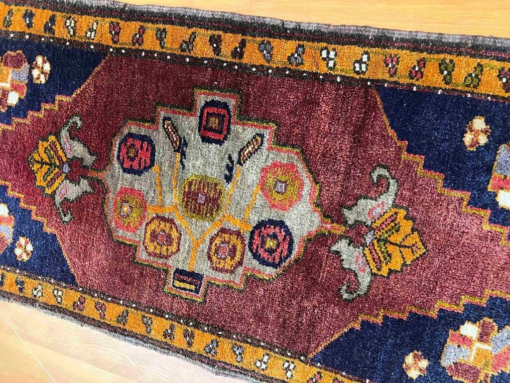 Vintage Anatolisch Turks tapijt 100/48, Minder dan 50 cm, Gebruikt, 100 tot 150 cm, Blauw