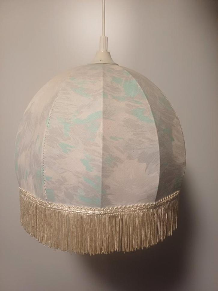 Vintage hanglamp met stoffenkap en franje, Huis en Inrichting, Lampen | Hanglampen, Gebruikt, Minder dan 50 cm, Stof, Ophalen