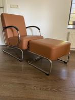 Gispen 407 fauteuil en 443 hocker, chroom, Trento leder, Design, 75 tot 100 cm, Ophalen of Verzenden, Zo goed als nieuw