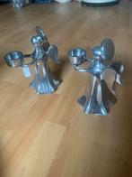 2 Metalen Engel Kandelaars - 20 cm, Huis en Inrichting, Woonaccessoires | Kandelaars en Kaarsen, Ophalen, Gebruikt, Metaal, Grijs