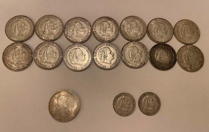 Te koop 17 zilveren munten-guldens, rijksdaalders, 10 gulden, Postzegels en Munten, Munten | Nederland, Losse munt, 2½ gulden