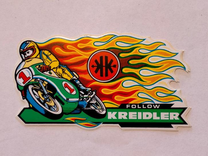 Follow Kreidler motor motoren vlammen logo sticker vintage, Verzamelen, Stickers, Gebruikt, Auto of Motor, Ophalen of Verzenden