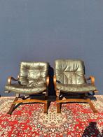 Set van 2 vintage, Scandinavisch design, leren fauteuils, Ophalen, Gebruikt, Vintage, Hout