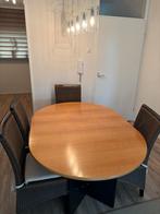 Uitschuifbare ronde tafel + 4 stoelen, Ophalen, Gebruikt, 100 tot 150 cm, Rond