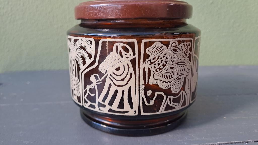 Vintage bruine glazen pot met deksel, Overige kleuren, Onbekend, Ophalen of Verzenden, Onbekend