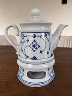 Antieke Porseleinen Theepot met Warmhouder Blauw Bloemmotief, Ophalen of Verzenden