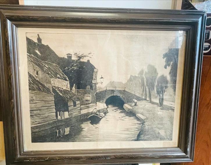 Oude ype wenning Ets Hollands Stadsgezicht, Antiek en Kunst, Kunst | Etsen en Gravures, Ophalen of Verzenden