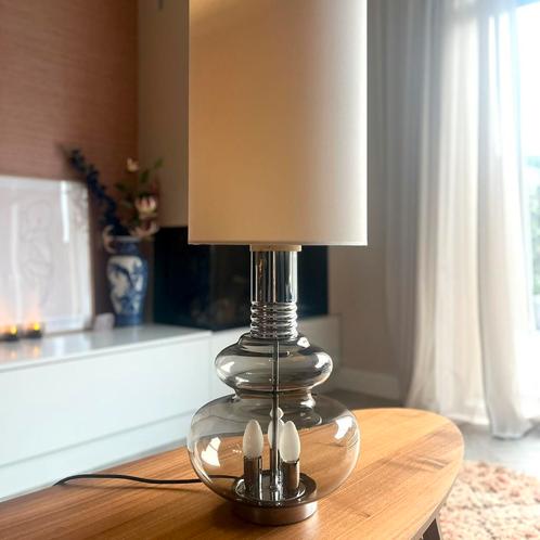 Vintage XL tafellamp van Doria Leuchten chroom met rookglas, Huis en Inrichting, Lampen | Tafellampen, Minder dan 50 cm, Glas