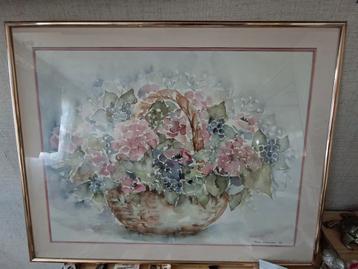 2 stuks Aquarel Schilderij Bloemenmand Trudy Huyskamp beschikbaar voor biedingen
