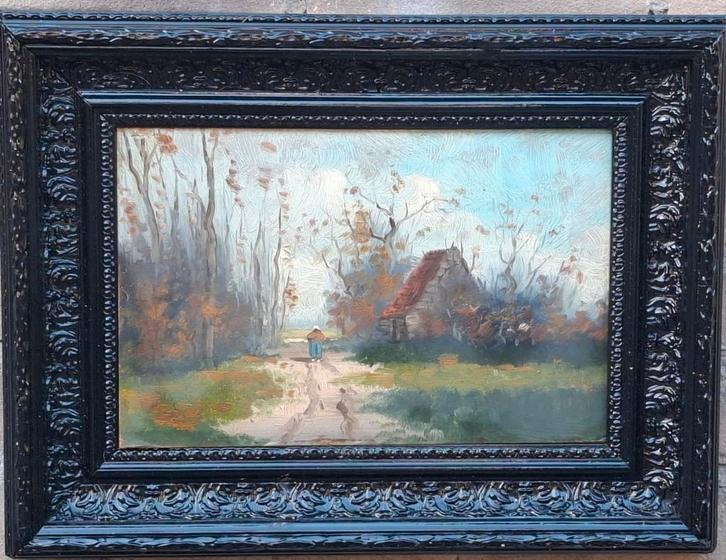 Idyllische Boerenhoeve. Ca 1900. 51/41 cm., Antiek en Kunst, Kunst | Schilderijen | Klassiek, Ophalen